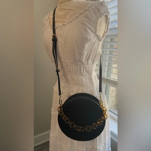 Madison West, NWOT Black Faux Croc Round Crossbody Purse Acrylic Tortoise Chain - Picture 10 of 12